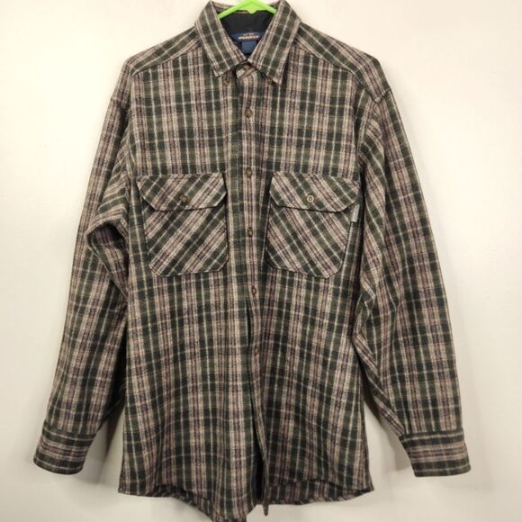 Vtg Woolrich Oatmeal Loden Plaid Long Sleeve Button Down Wool Nylon Blend Shirt - Picture 1 of 7